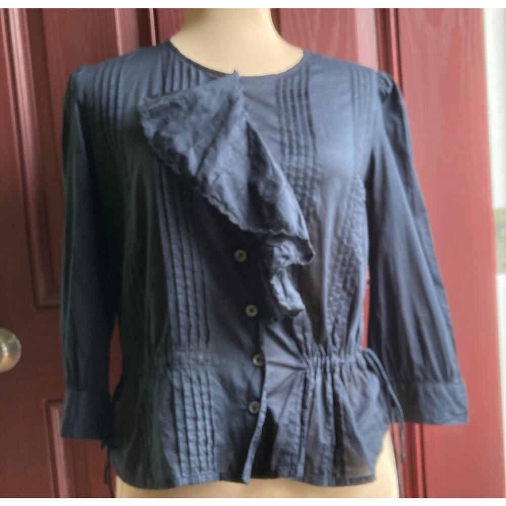 VTG Anthro Pink & Chartreuse Peplum Blouse XS Women Black Ruffle Victorian Goth